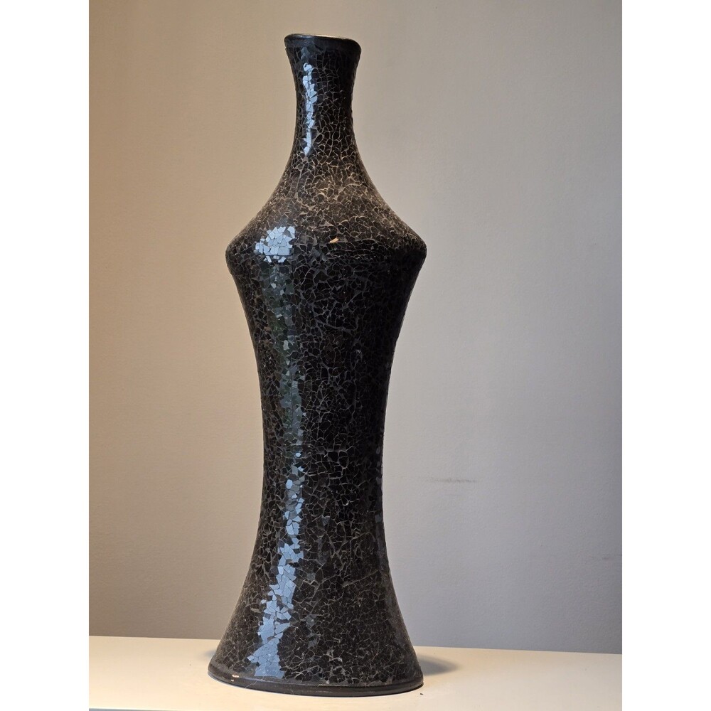 Tall 24" Black Glass Mosaic Floor Vase – Handcrafted Hourglass Statement Decor